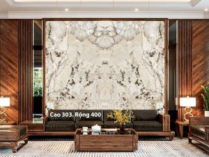 Tranh đá onyx tự nhiên xuyên sáng làm vách ghế sofa